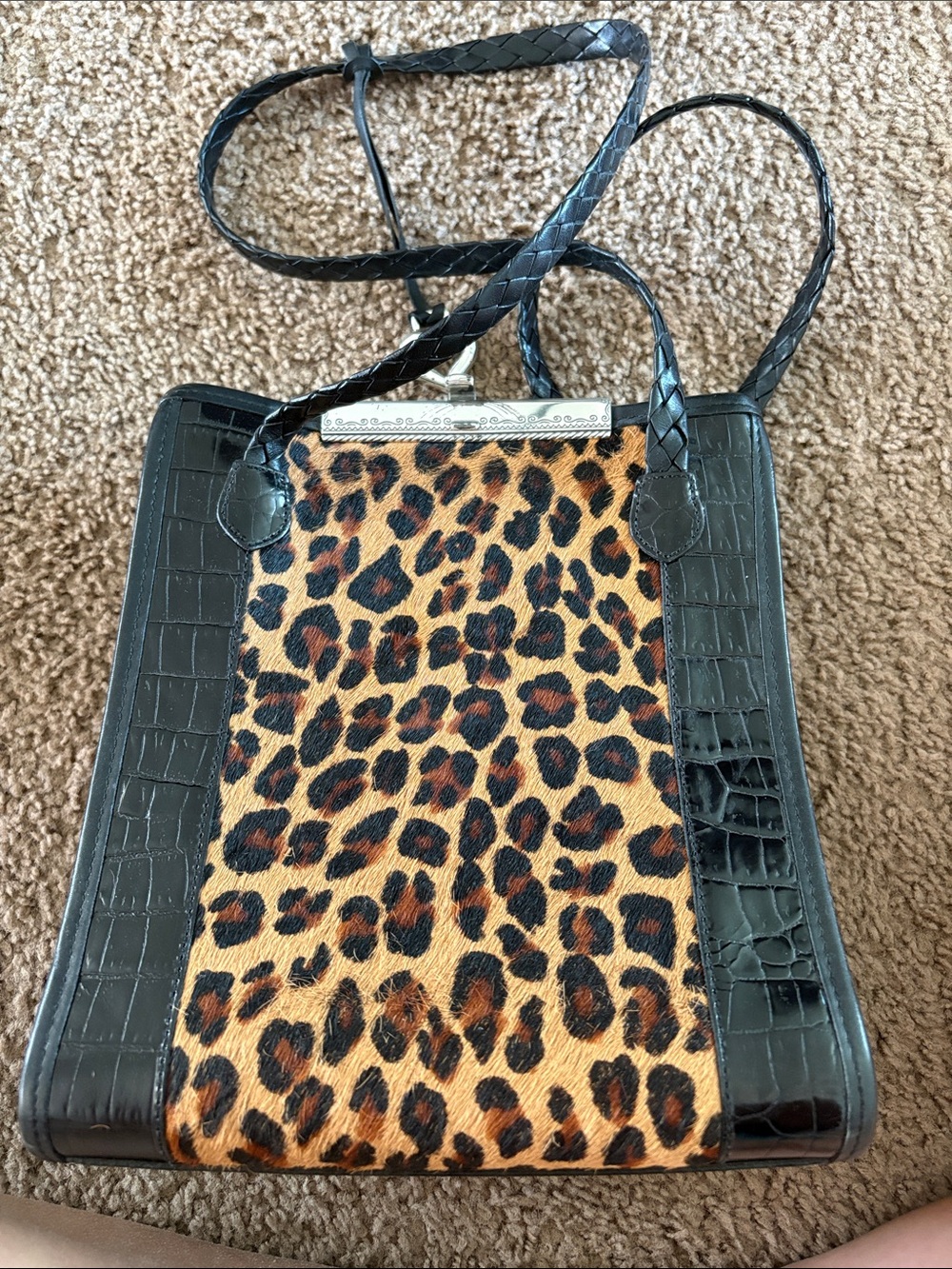 Brighton Leopard Print Shoulder Bag with Black Croc Trim